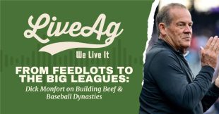 Dick Monfort at a baseball game, promoting LiveAg's focus on livestock and sports.